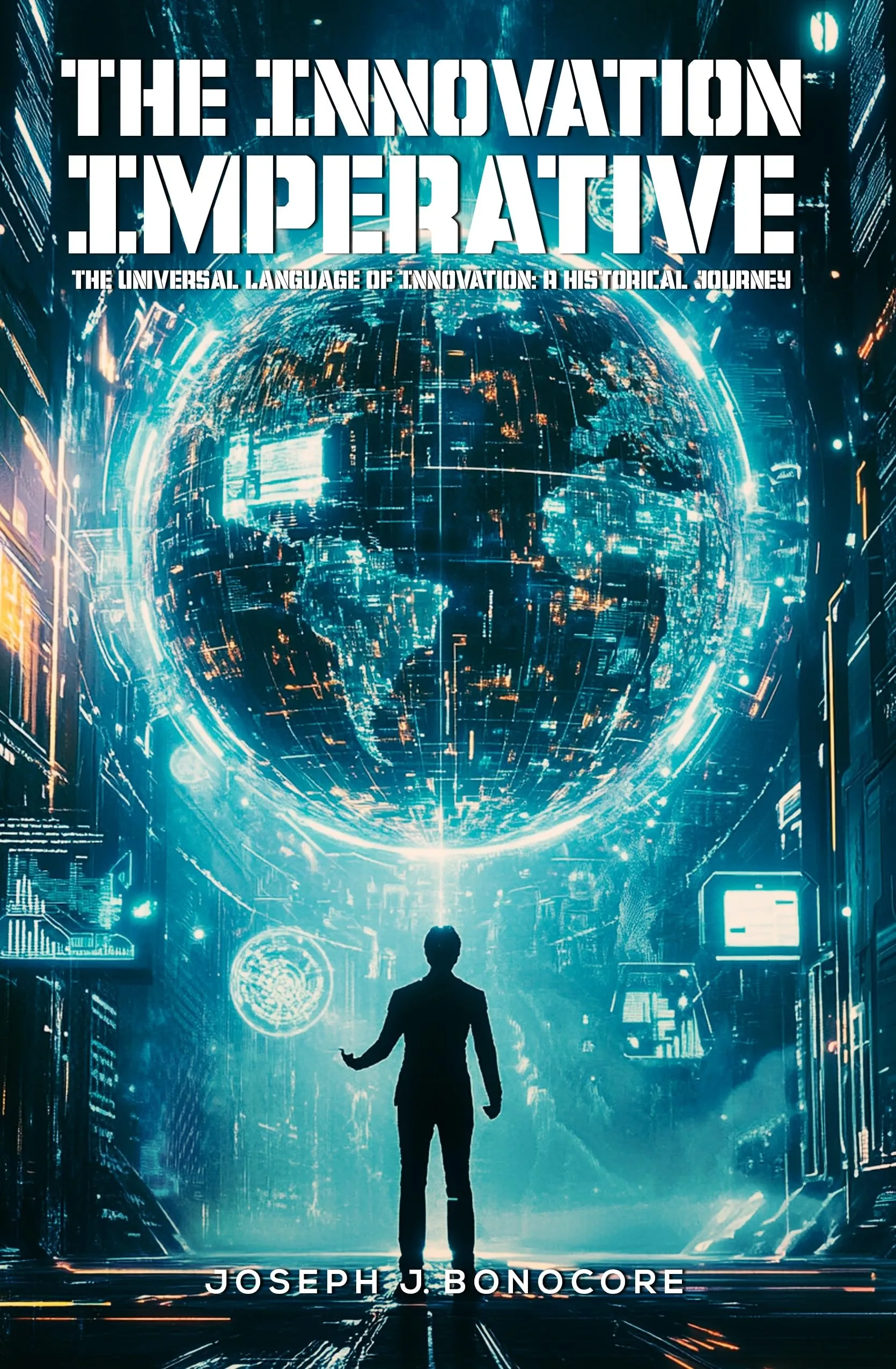 Cover of The Innovation Imperative by Joseph J. Bonocore, showing a figure facing a glowing globe of data